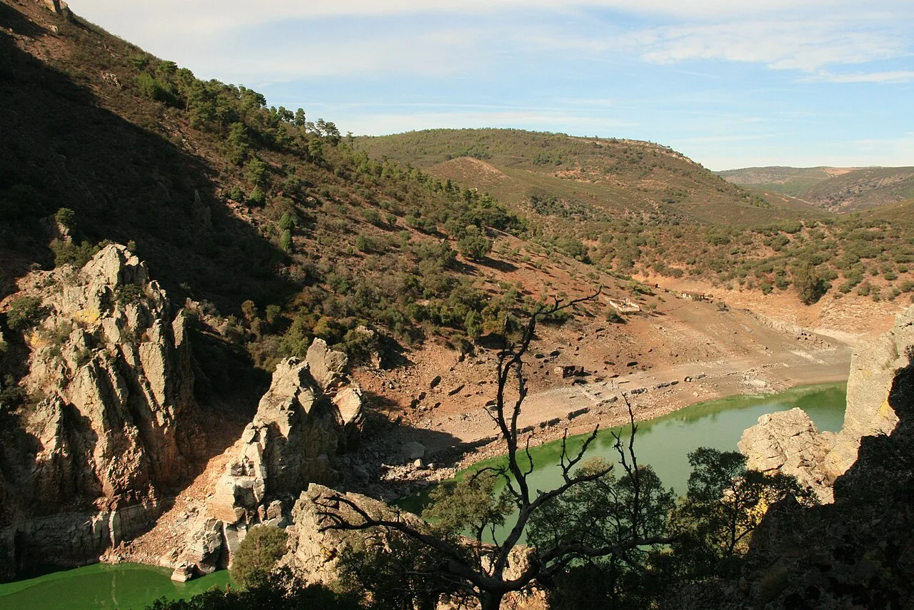 Río Tajo fluyendo entre laderas arboladas en Monfragüe, con los farallones del Salto del Gitano al fondo.